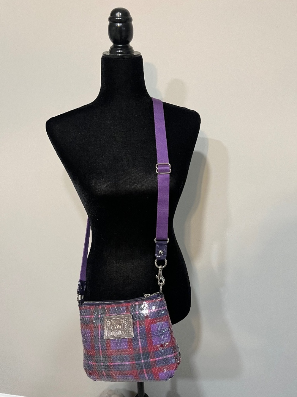 Coach Purple Plaid Sequin Purse with Adjustable Strap